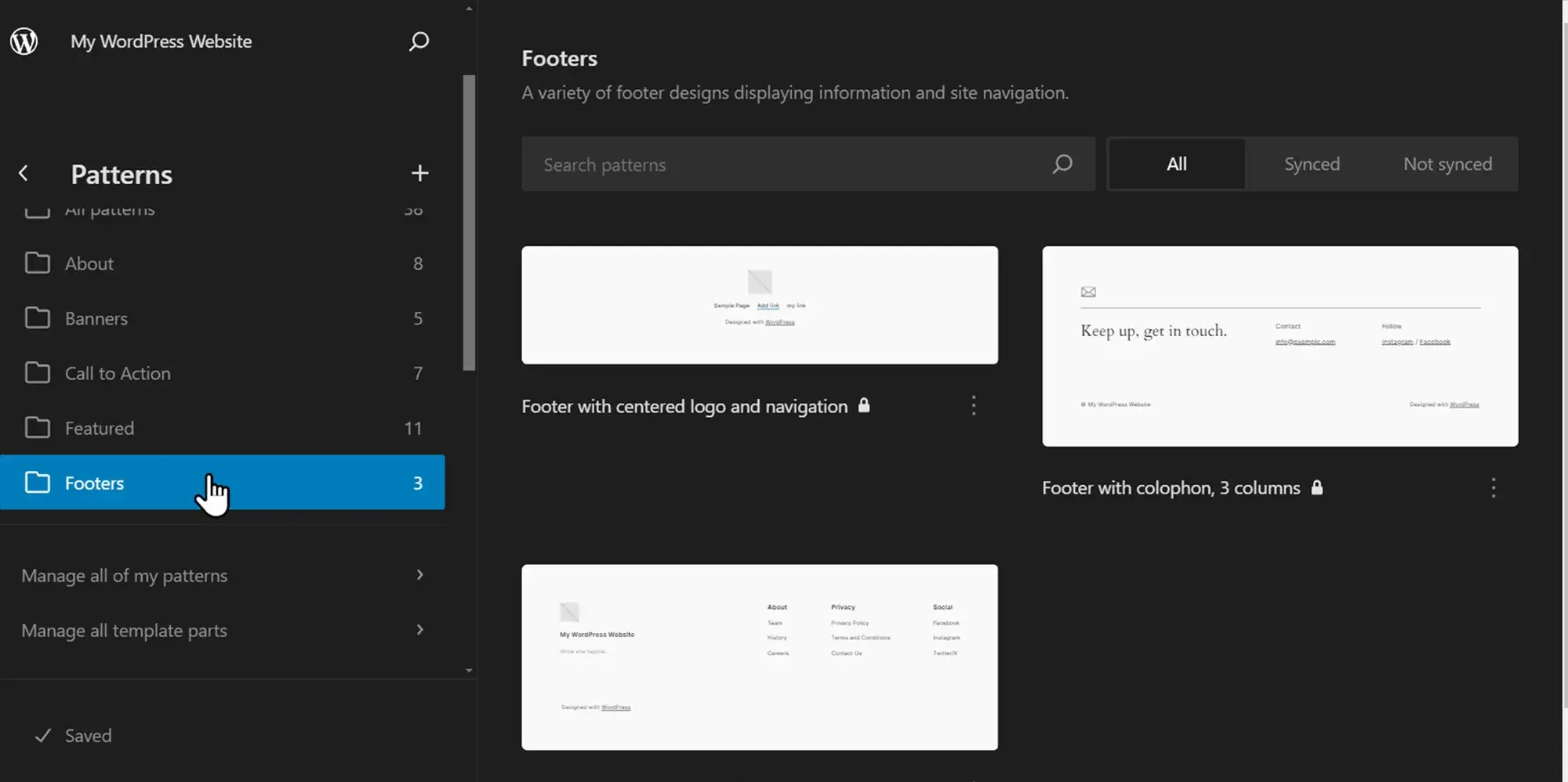 WordPress Site Editor navigation template parts footers