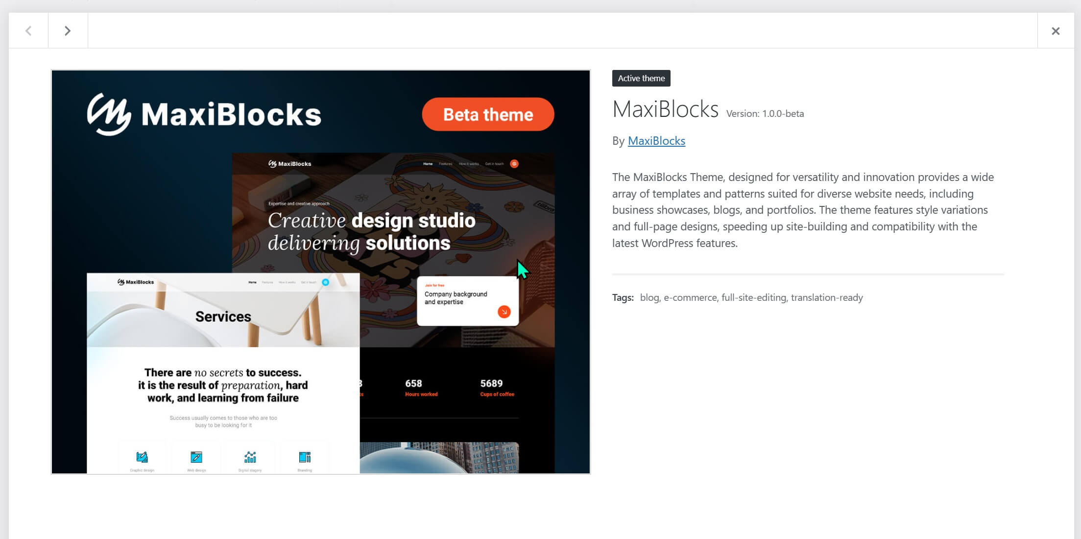 A close-up view of a theme information card for 'MaxiBlocks', which is a beta version WordPress theme. The card shows a thumbnail of the theme's design featuring dark tones with orange accents and descriptive text outlining the theme's features such as versatility, innovation, and compatibility with the latest WordPress features.