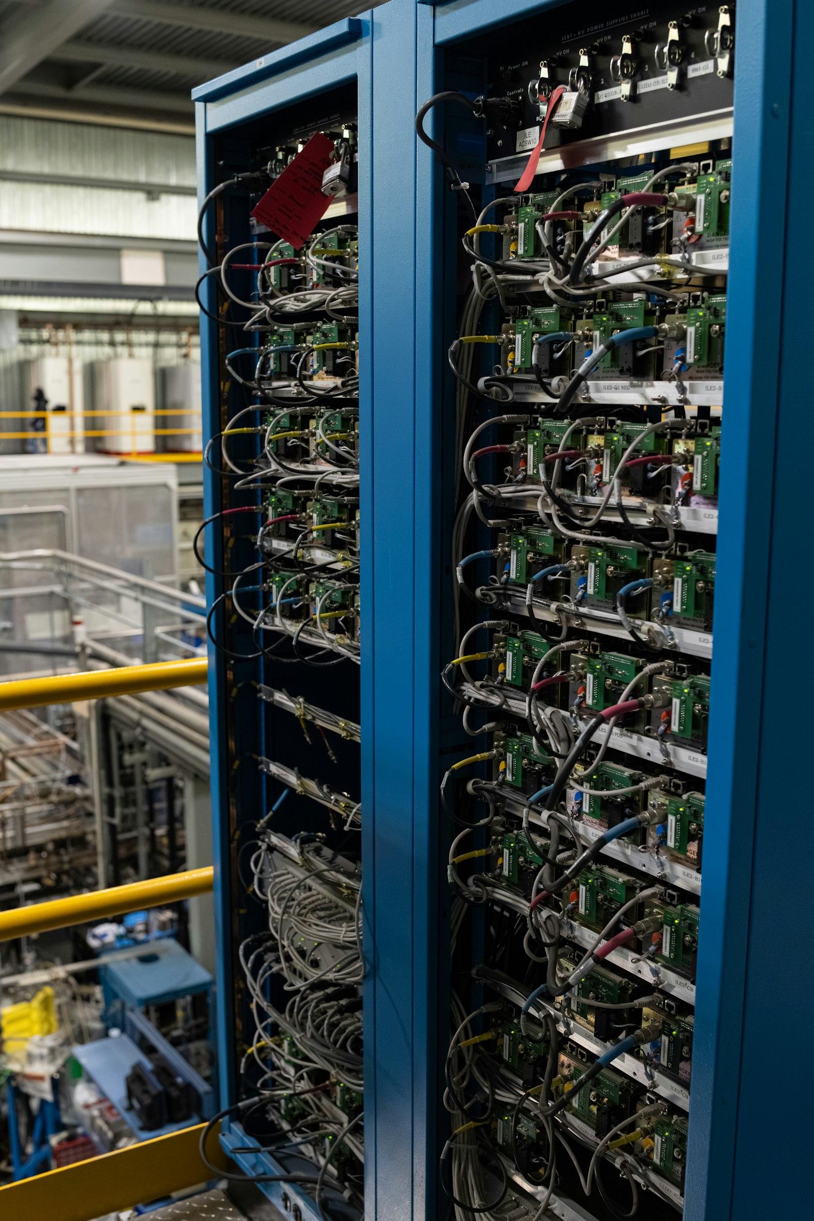 Electronic equipment racks with network cables and indicator lights